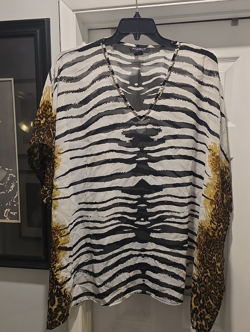 ASHRO Black & White Zebra Print Tunic with Gold Leopard Accents